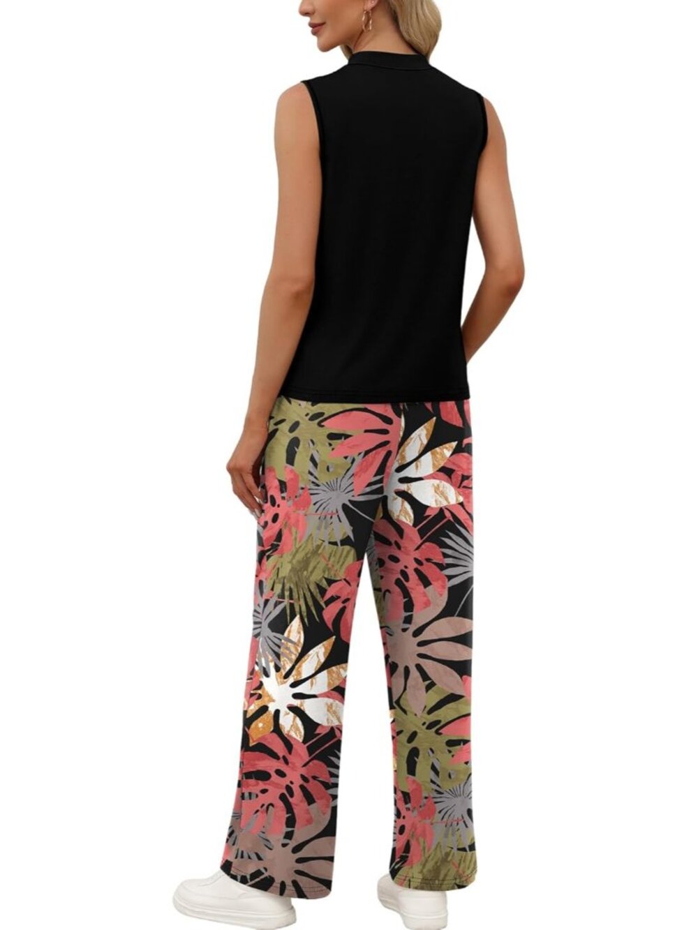 🆕Women Black Pink Leaf 2 Piece Set Summer Spring Outfits Mock Neck Wide Leg - Picture 4 of 4